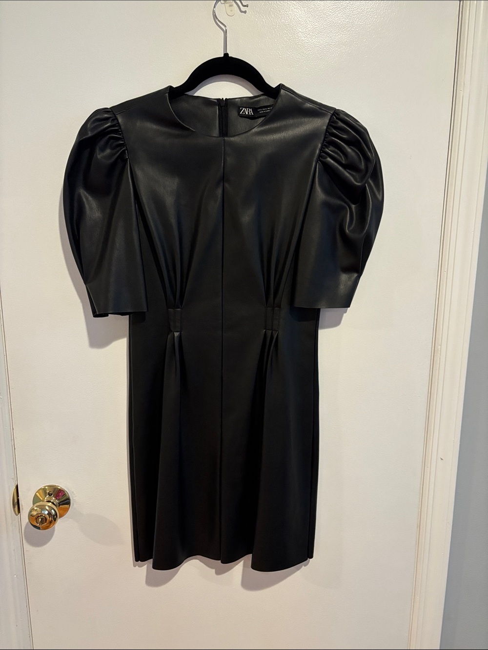 Zara Black Faux Leather Puff-Sleeve Mini Dress